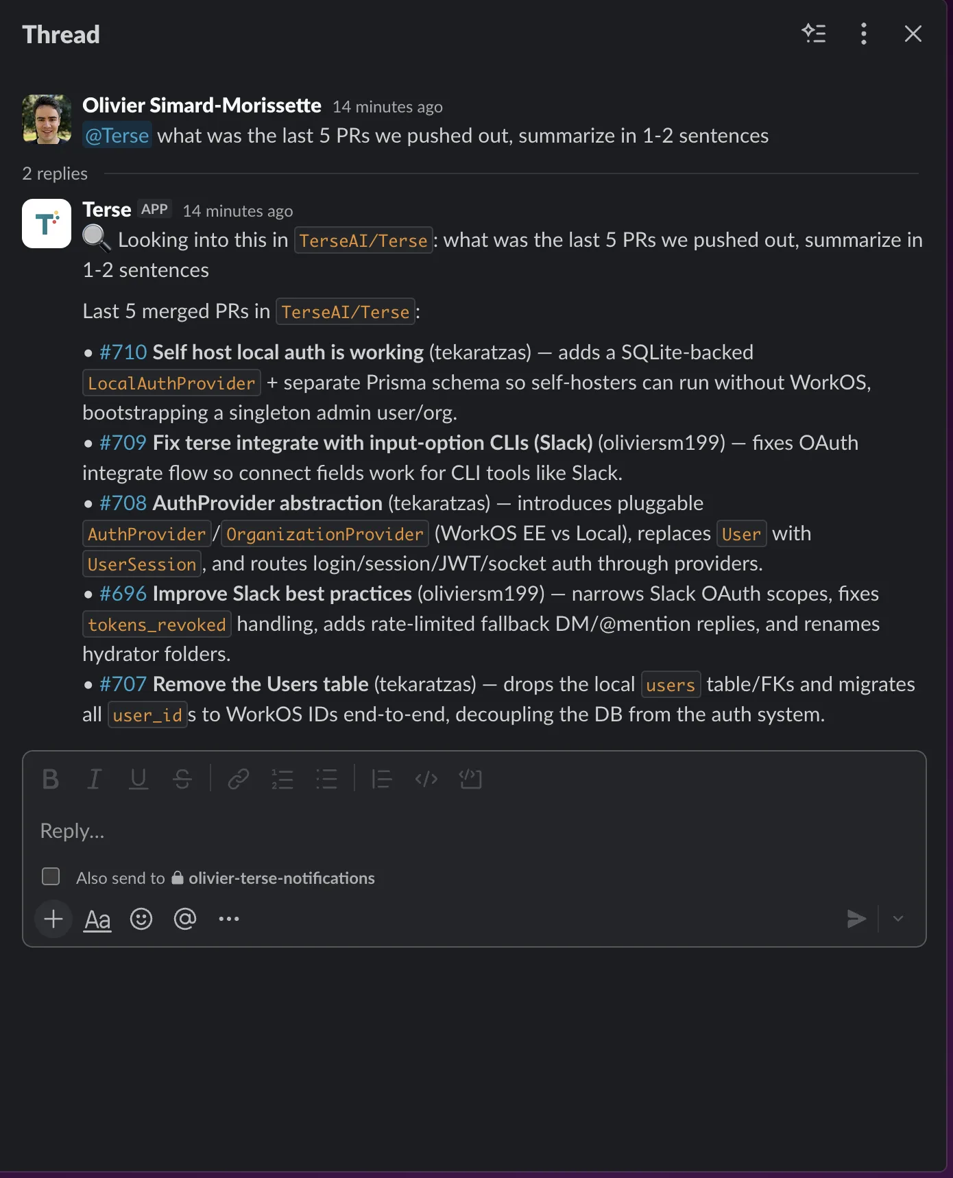 Terse responding to a Slack app mention