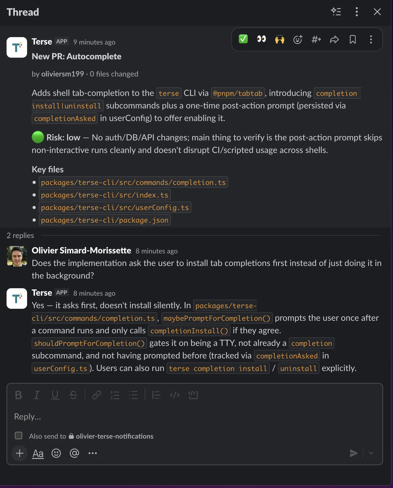 Terse responding to messages in a Slack thread