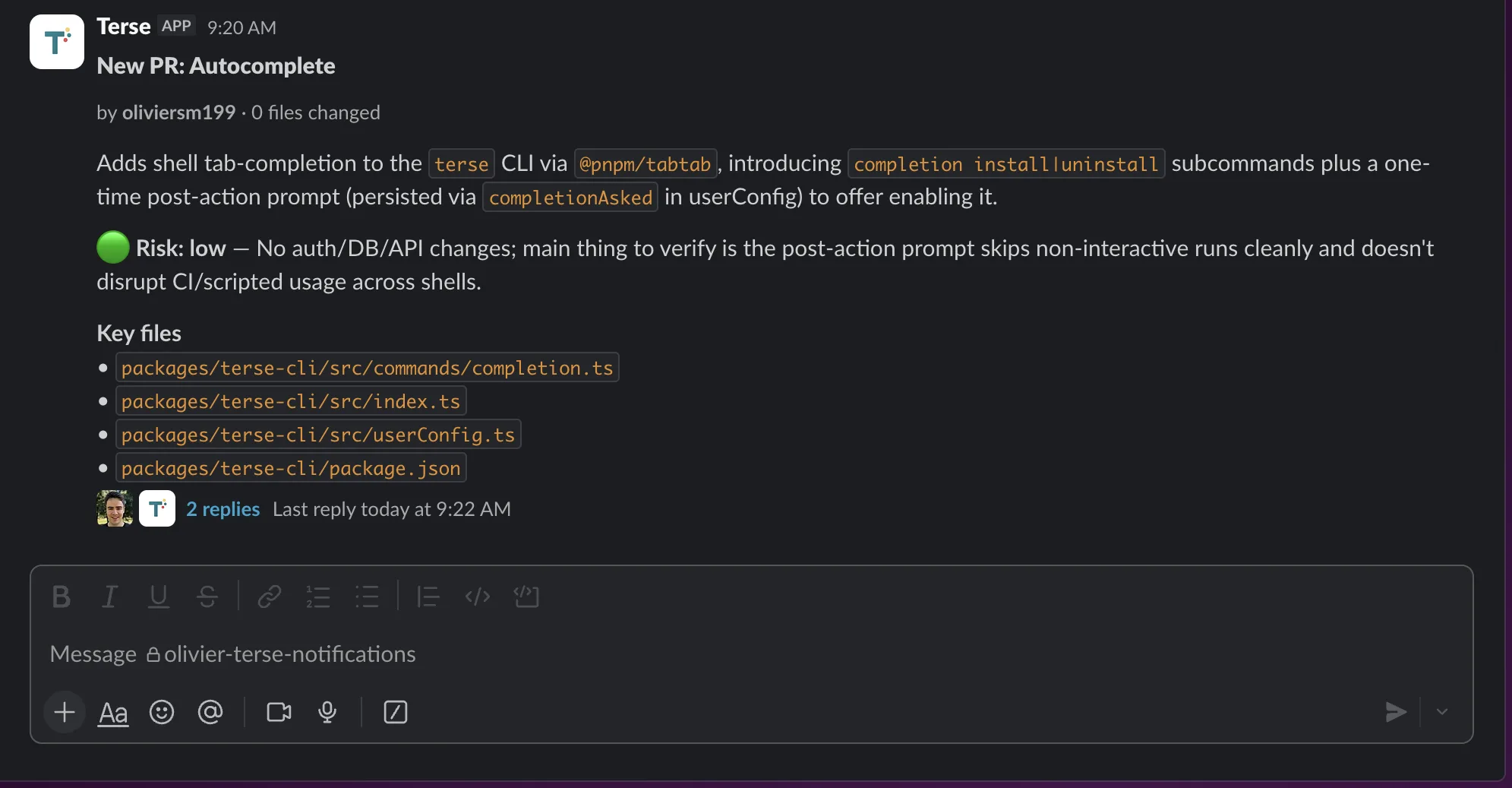 Terse posting a pull-request review summary into a Slack channel